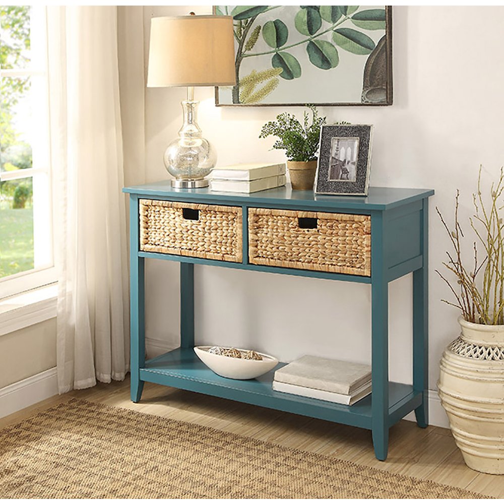 Teal Console Table with Bottom Shelf. Picture 5