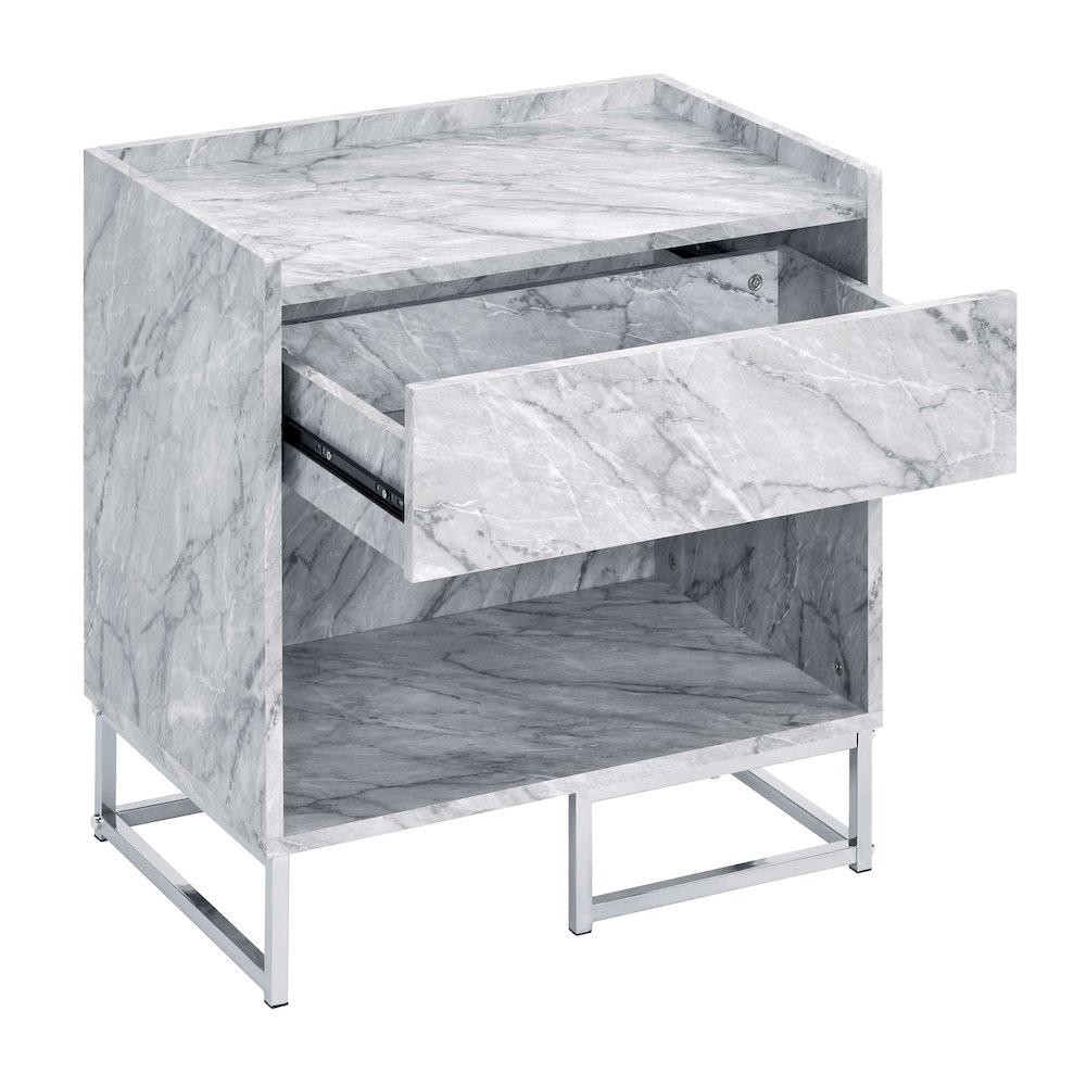 White Printed Faux Marble and Chrome Accent Table. Picture 2