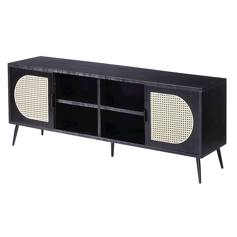 Black TV Stand with Rattan Inserts. Picture 1