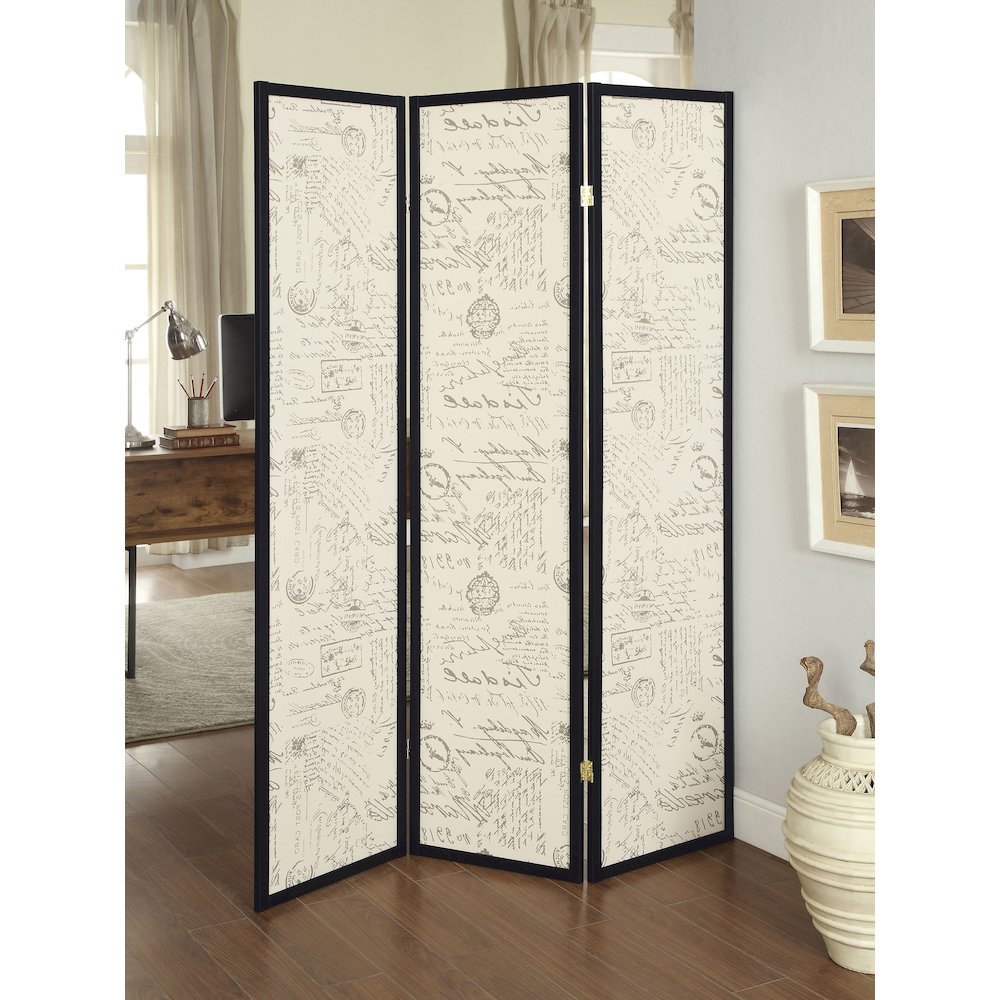 French Script and Espresso 3-panel Folding Screen. Picture 2
