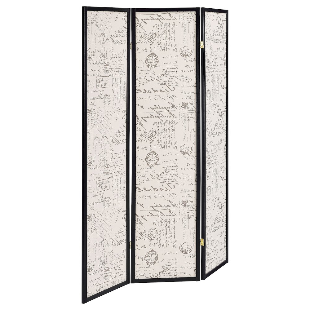 French Script and Espresso 3-panel Folding Screen. Picture 1