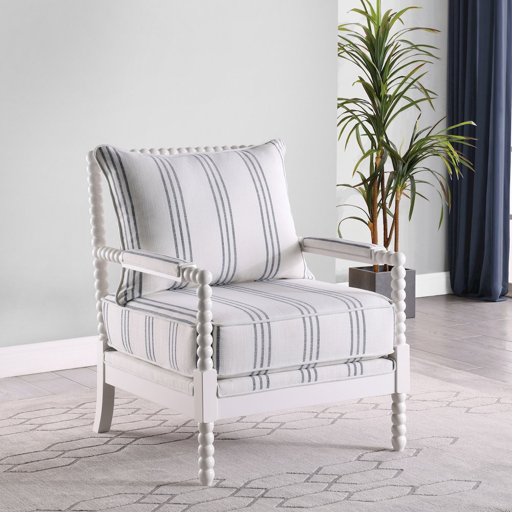 White and Navy Upholstered Stripe Accent Chair. Picture 2