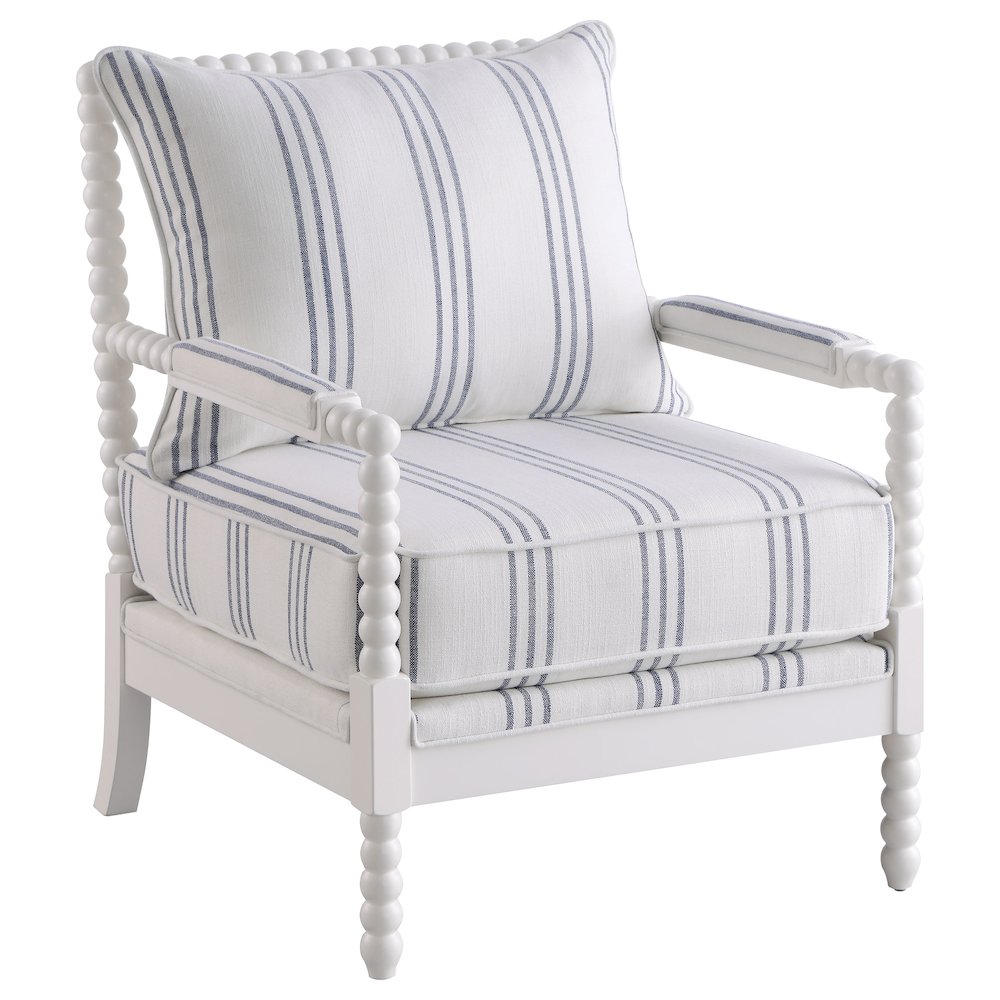 White and Navy Upholstered Stripe Accent Chair. Picture 1