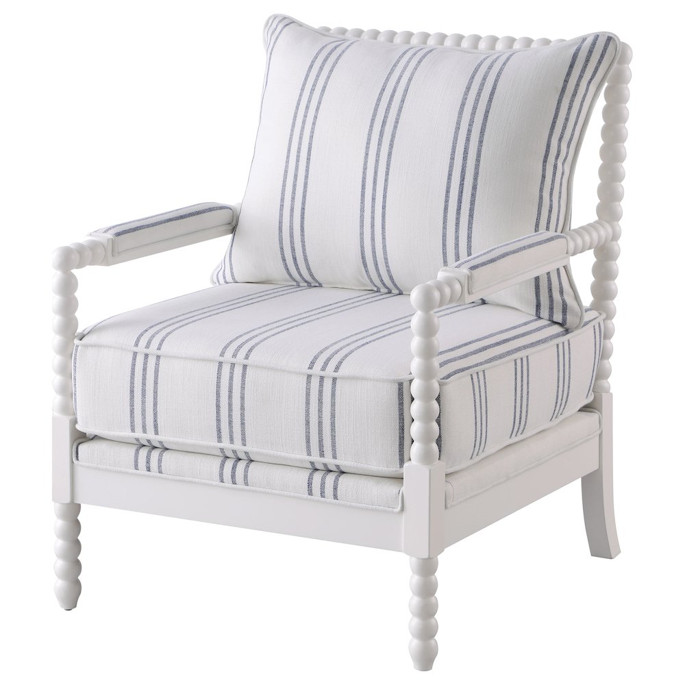 White and Navy Upholstered Stripe Accent Chair. Picture 4
