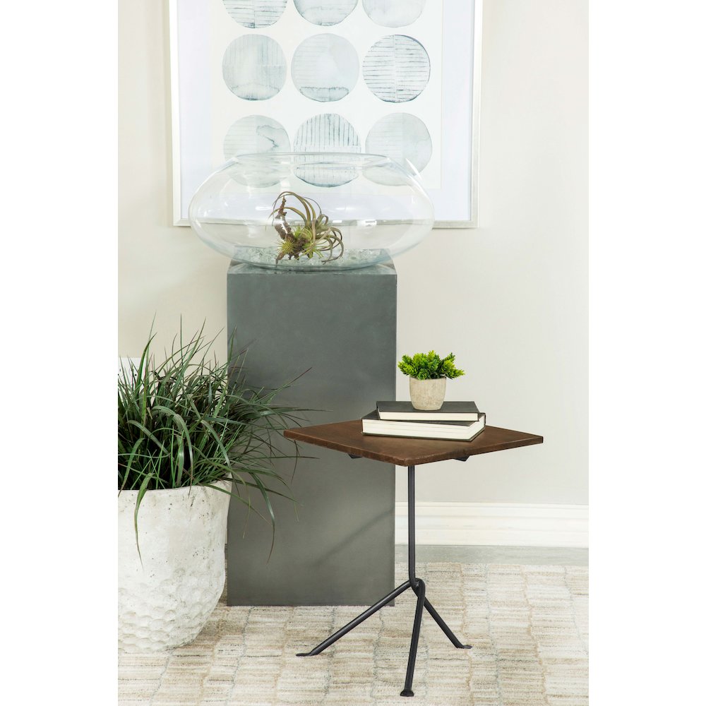Dark Brown and Gunmetal Accent Table with Tripod Legs. Picture 2
