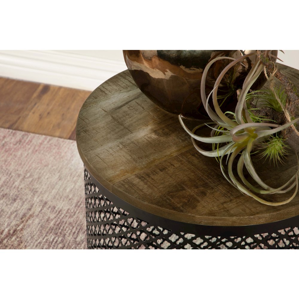 Natural and Black Drum Base Accent Table. Picture 6