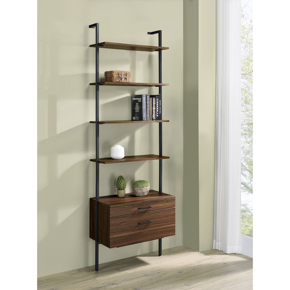 Wendell Walnut 4-shelf Storage Wall Bookshelf. Picture 14
