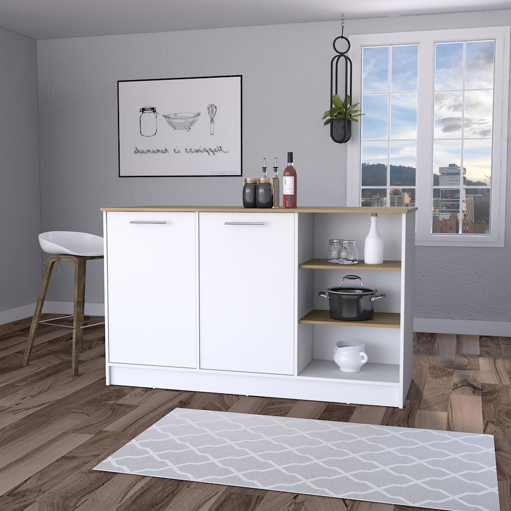 2-Door Kitchen Island with 3 Open Shelves Marquez White and Ash. Picture 4