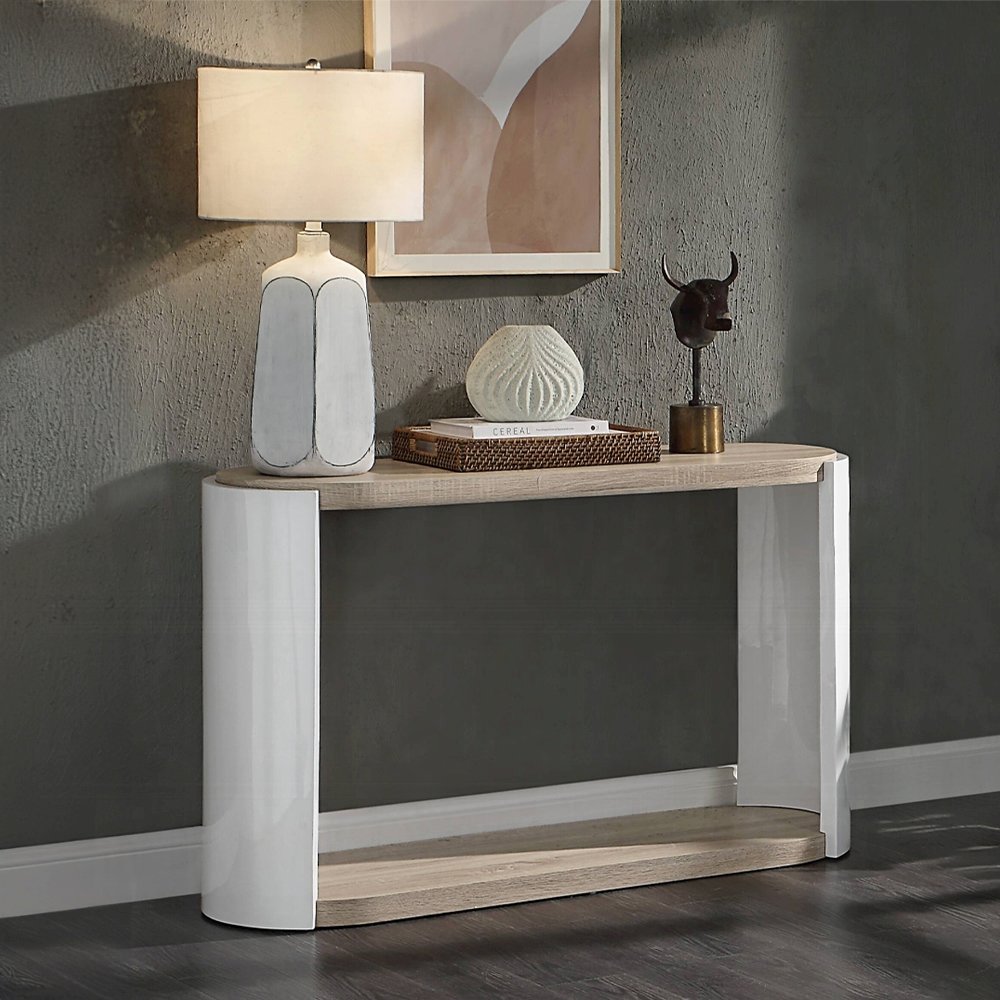 Oak and White High Gloss Sofa Table with Bottom Shelf. Picture 3