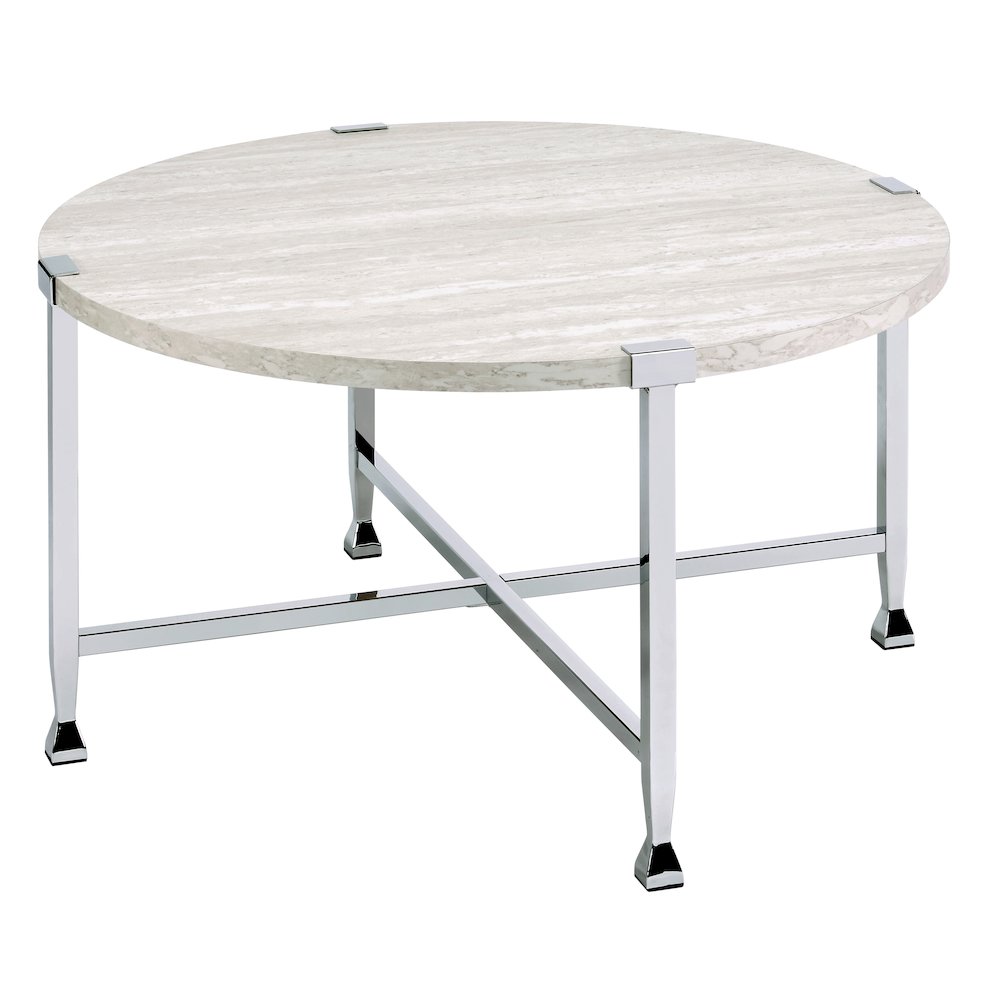White Oak and Chrome Round Coffee Table. Picture 1