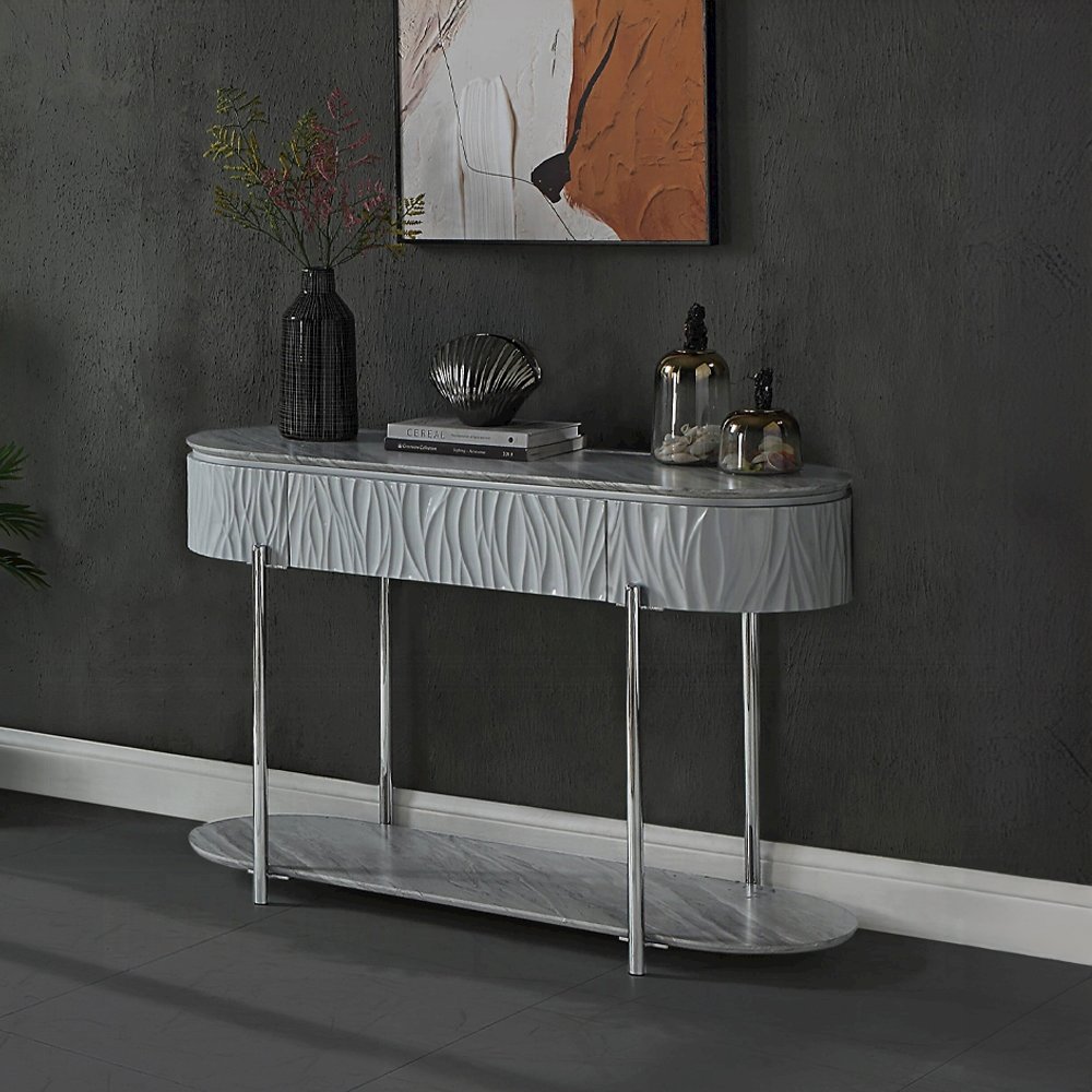 Grey High Gloss and Chrome Sofa Table with Bottom Shelf. Picture 2