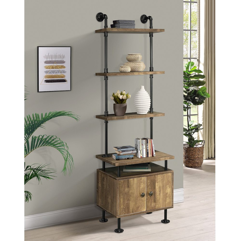 Rustic Oak And Black Side Pier With Open Shelving. Picture 5