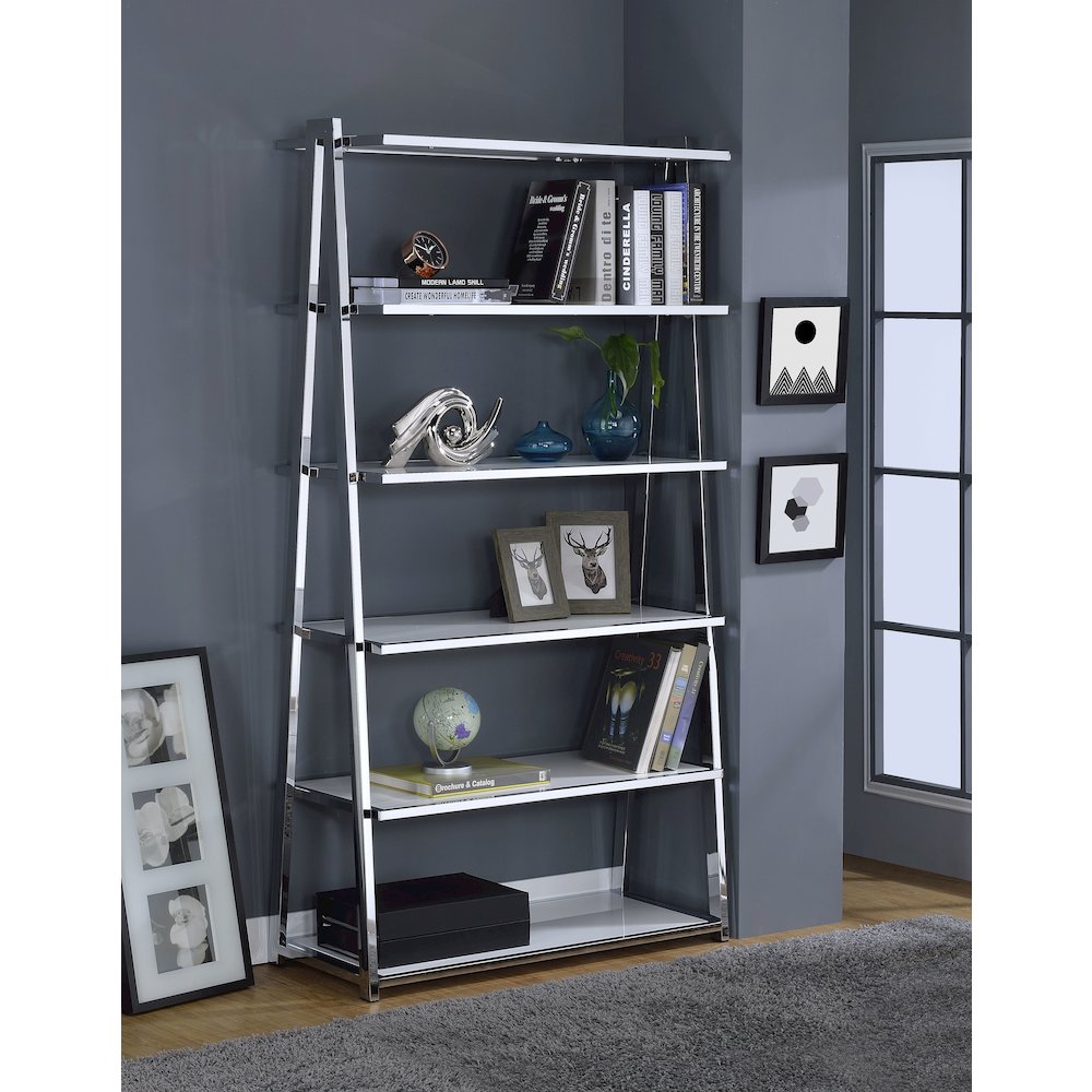 White High Gloss and Chrome 6-shelf Bookcase. Picture 5