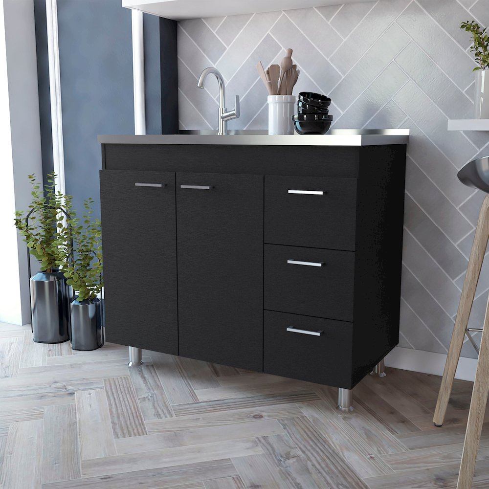 2-Door 3-Drawer Kitchen Cabinet Black. Picture 4