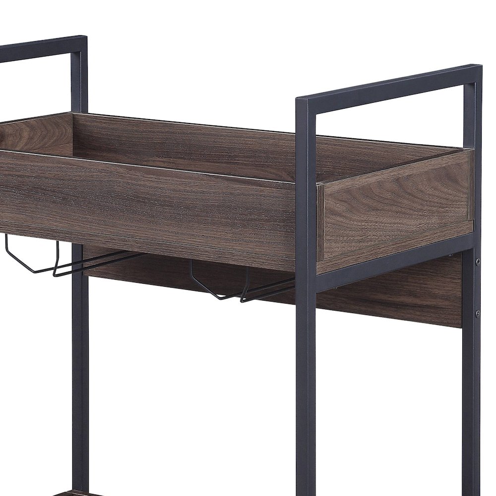 Walnut and Black Serving Cart with 2 Shelves. Picture 3
