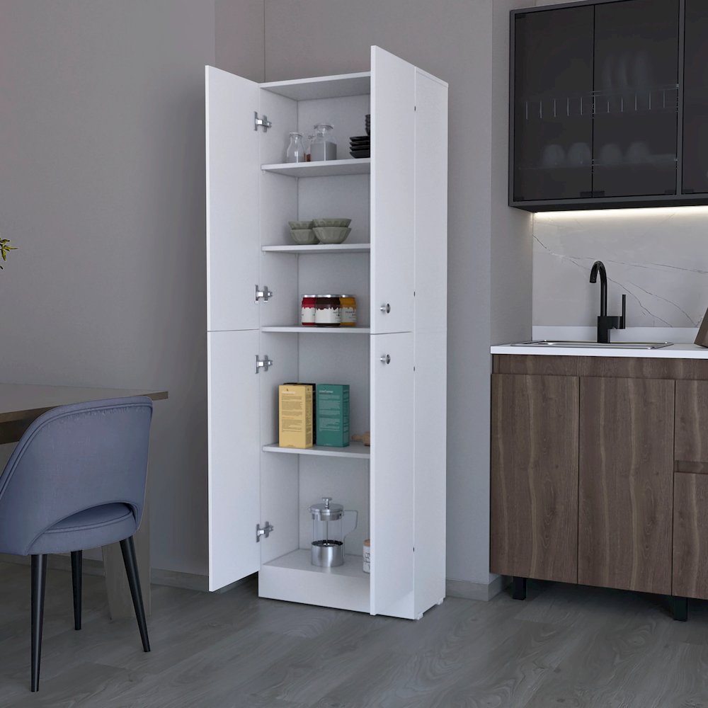White Pantry Cabinet with 4 Doors and 5 Hidden Shelves. Picture 5