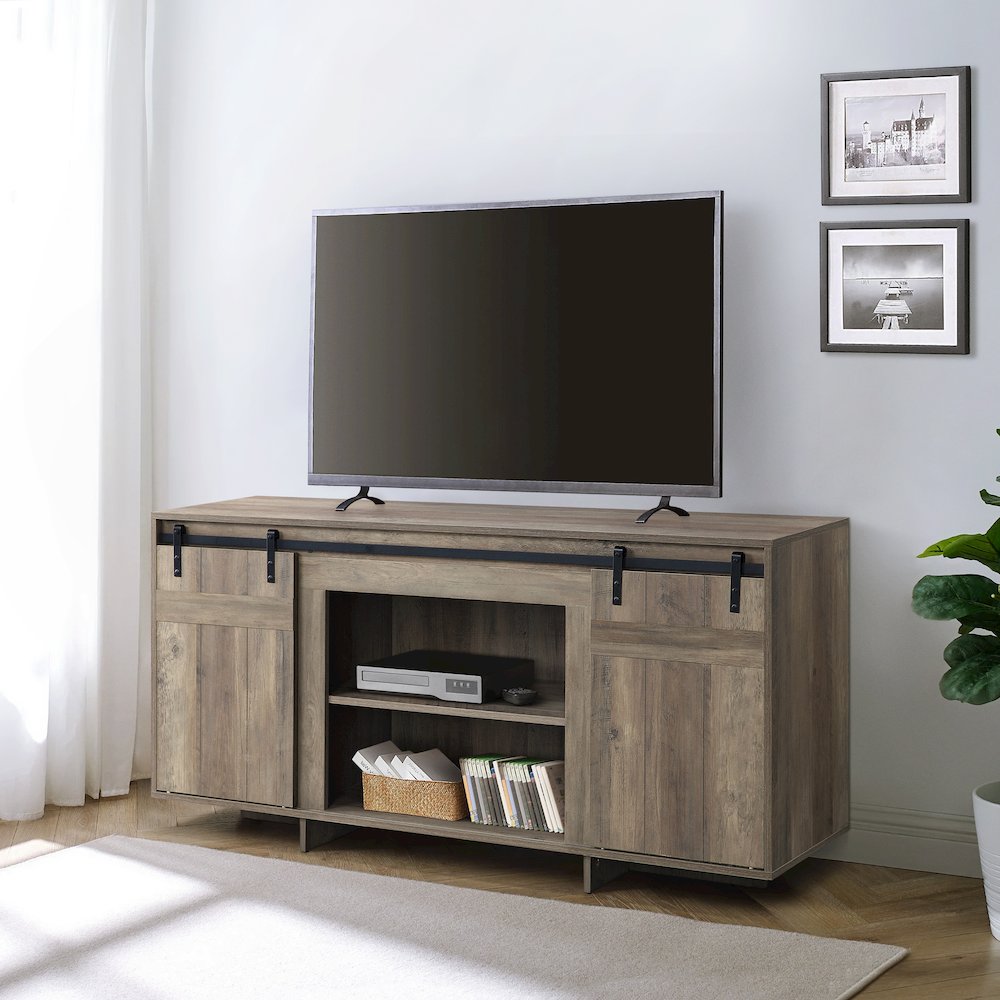Grey Washed TV Stand with 2 Sliding Barn Doors. Picture 5