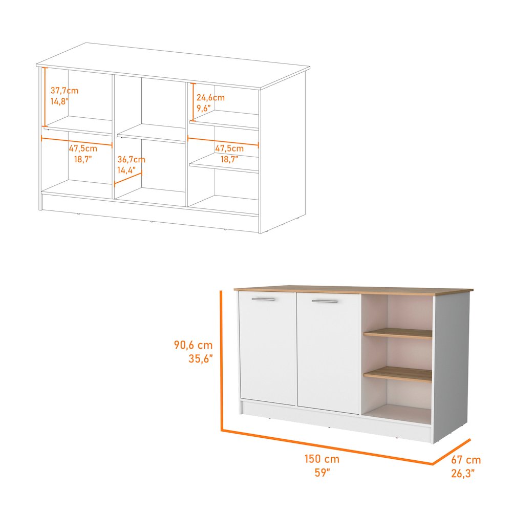 2-Door Kitchen Island with 3 Open Shelves Marquez White and Ash. Picture 6