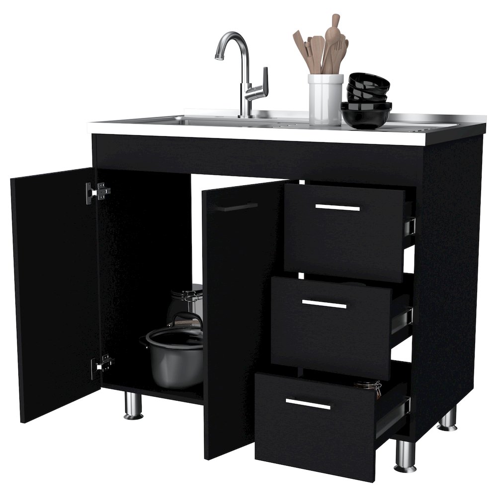 2-Door 3-Drawer Kitchen Cabinet Black. Picture 1