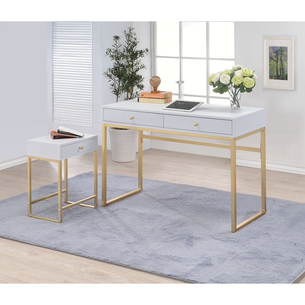 White and Brass 1-Drawer Side Table. Picture 4