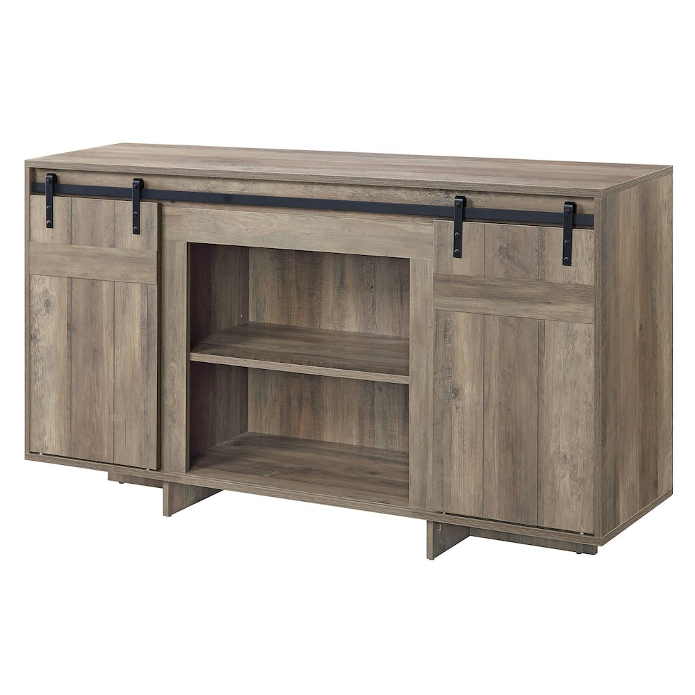 Grey Washed TV Stand with 2 Sliding Barn Doors. Picture 1
