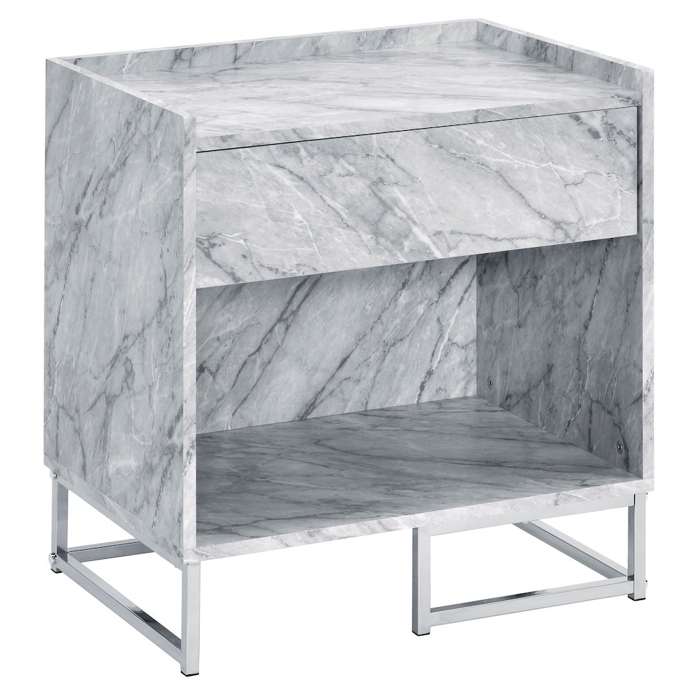 White Printed Faux Marble and Chrome Accent Table. Picture 1