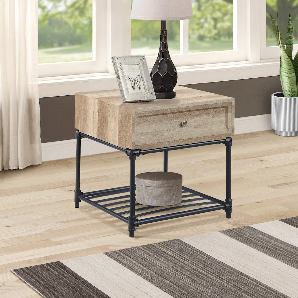 Oak and Sandy Black End Table with Slatted Lower Shelf. Picture 2