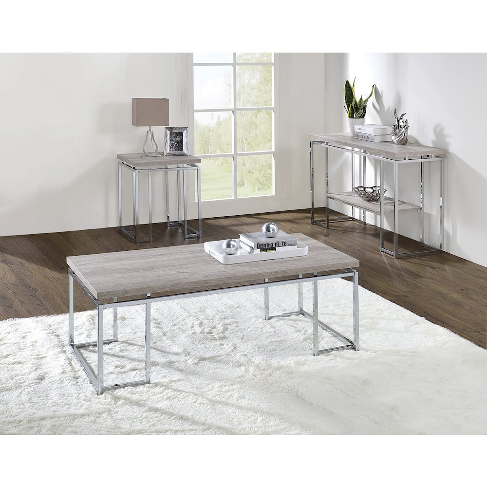 Natural Oak and Chrome End Table with Metal Sled Base. Picture 3