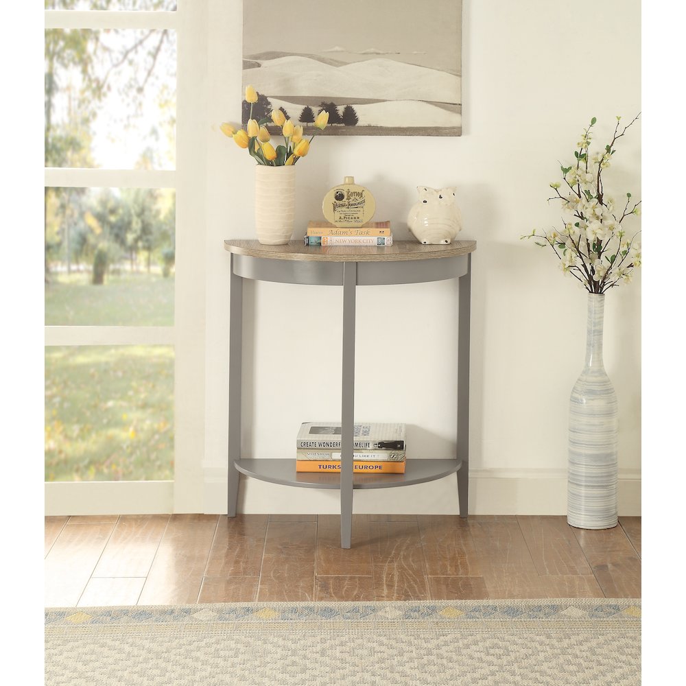 Grey Oak and Grey Half Moon Console Table with Bottom Shelf. Picture 5