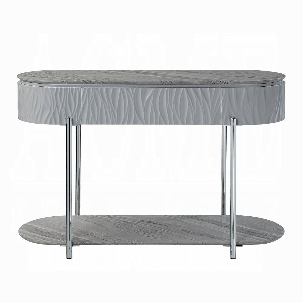 Grey High Gloss and Chrome Sofa Table with Bottom Shelf. Picture 3