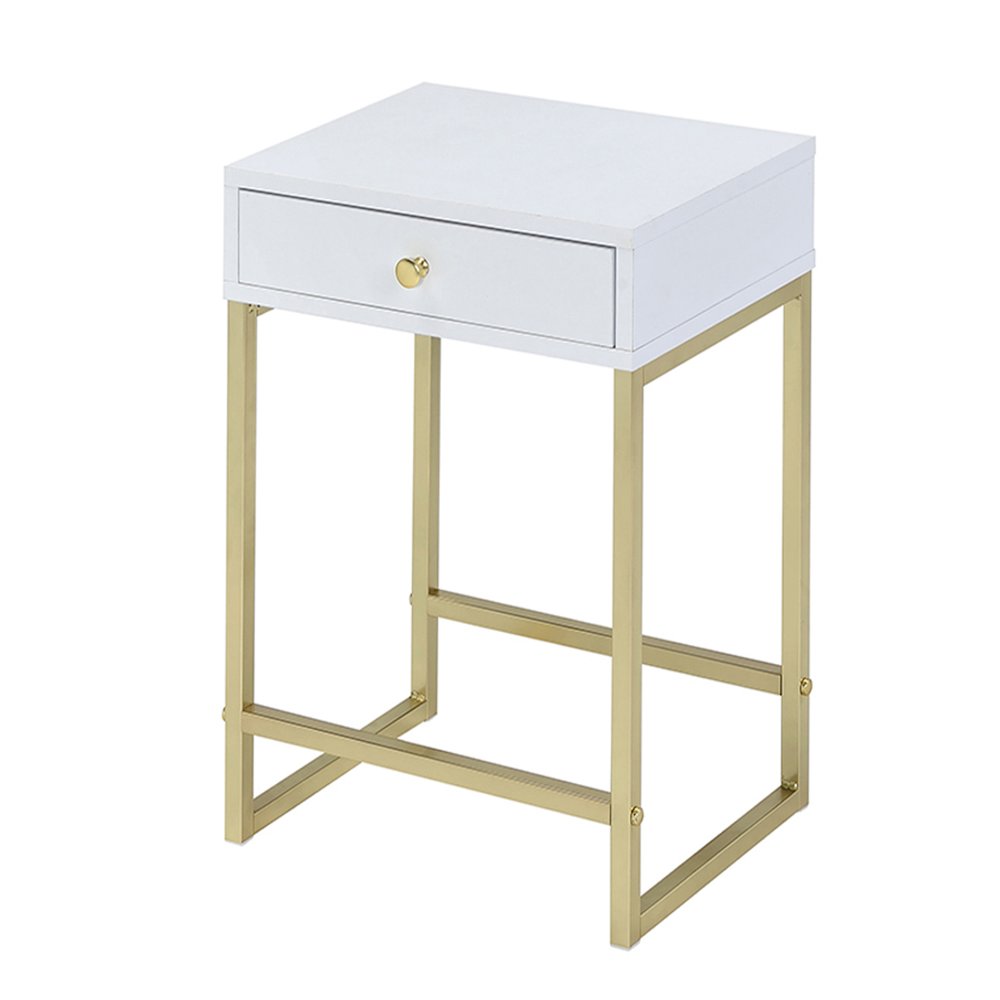 White and Brass 1-Drawer Side Table. Picture 1