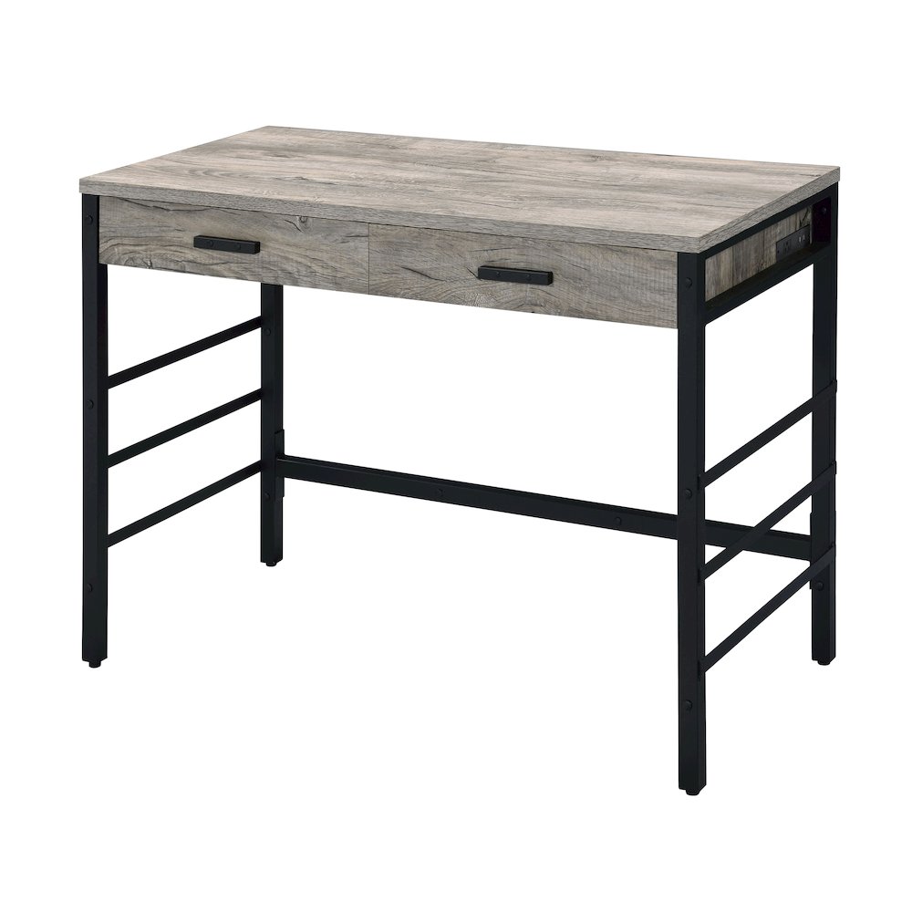 Light Weathered Oak and Black Writing Desk with 2 Drawers. Picture 1