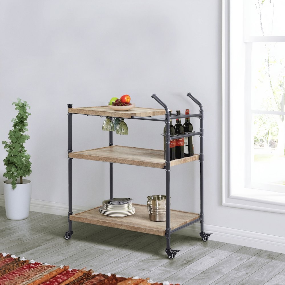Oak and Sandy Black 2-Shelf Serving Cart. Picture 5