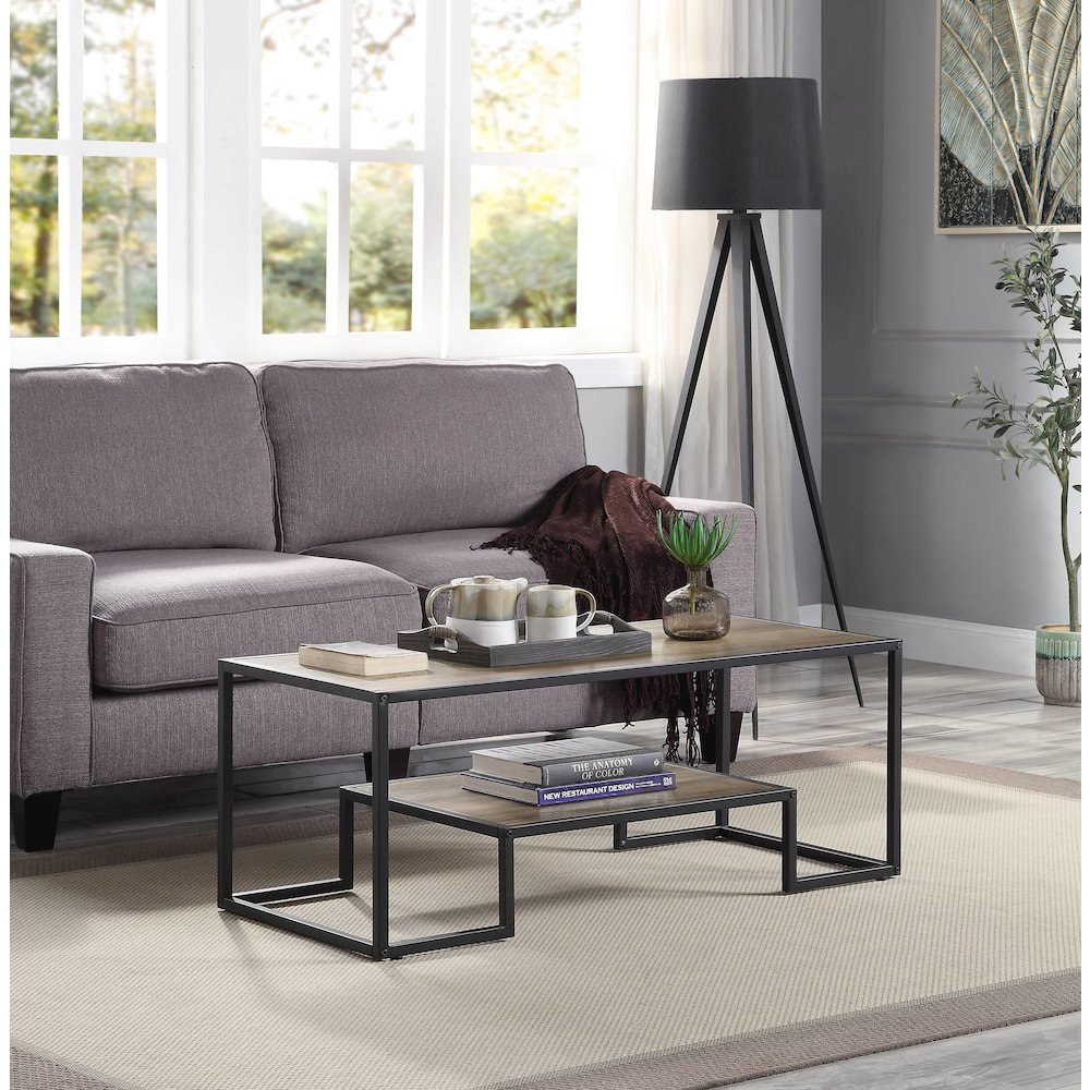 Rustic Oak and Black Coffee Table with Shelf. Picture 5