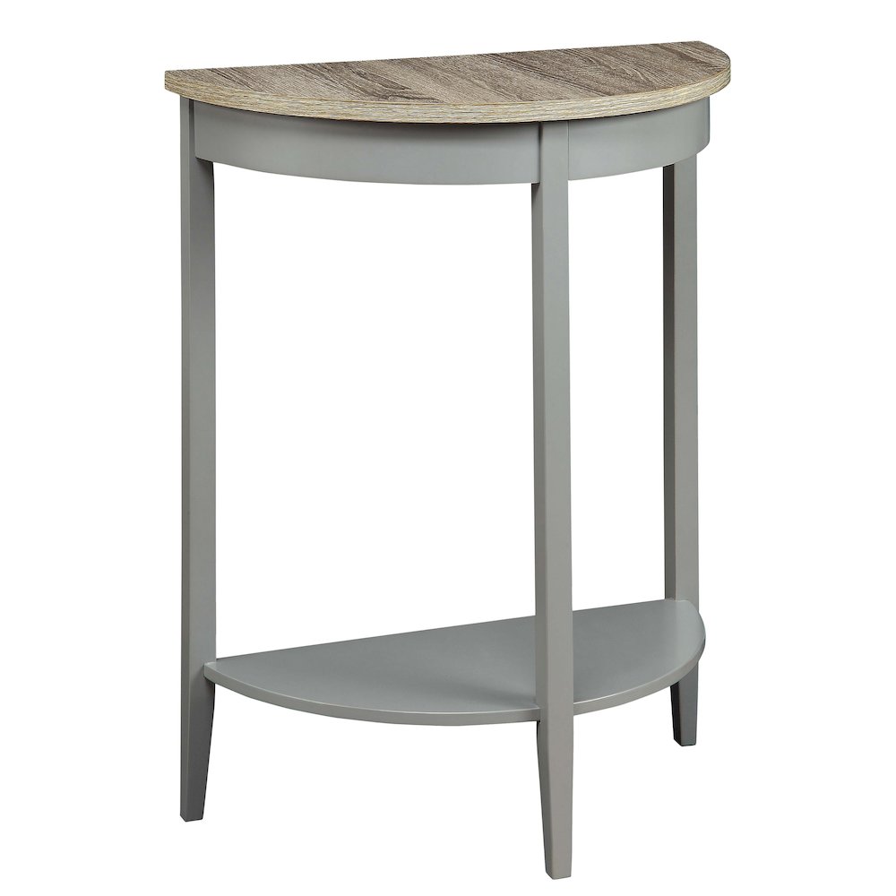 Grey Oak and Grey Half Moon Console Table with Bottom Shelf. Picture 1