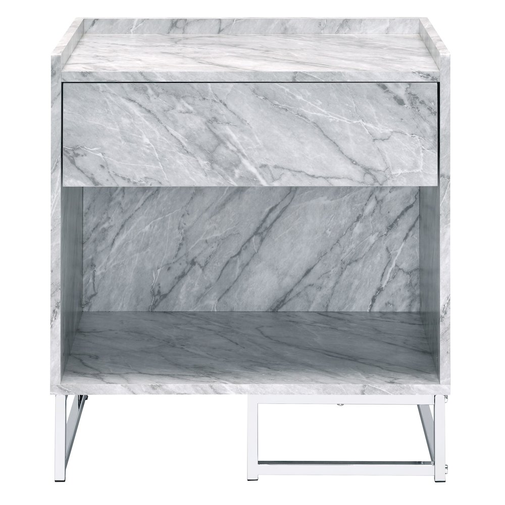 White Printed Faux Marble and Chrome Accent Table. Picture 3