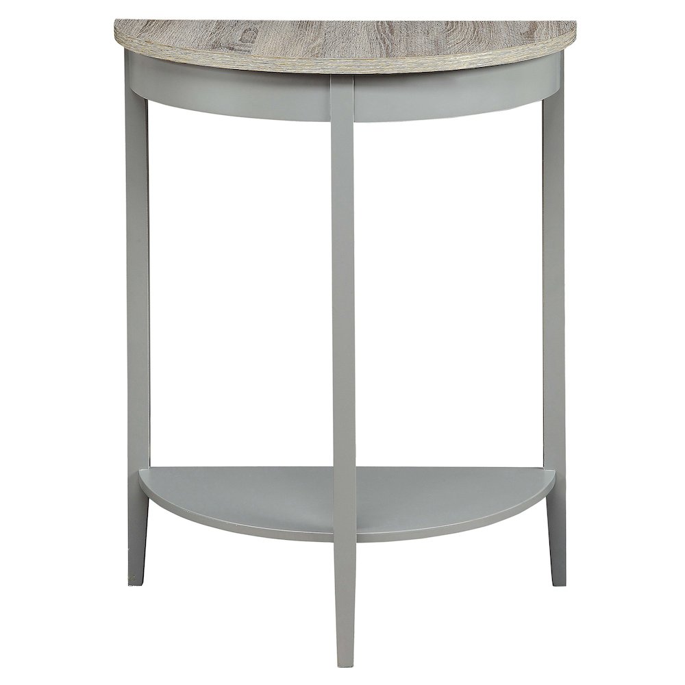 Grey Oak and Grey Half Moon Console Table with Bottom Shelf. Picture 2