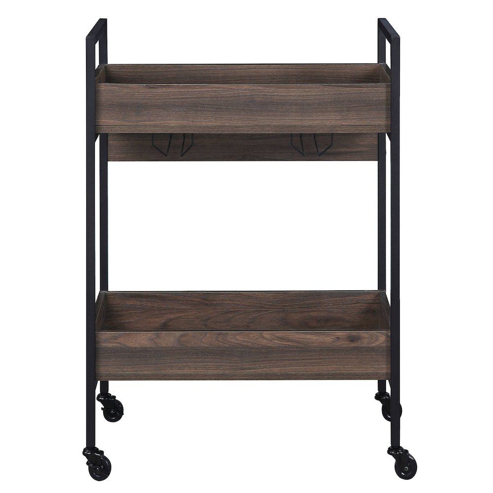 Walnut and Black Serving Cart with 2 Shelves. Picture 2