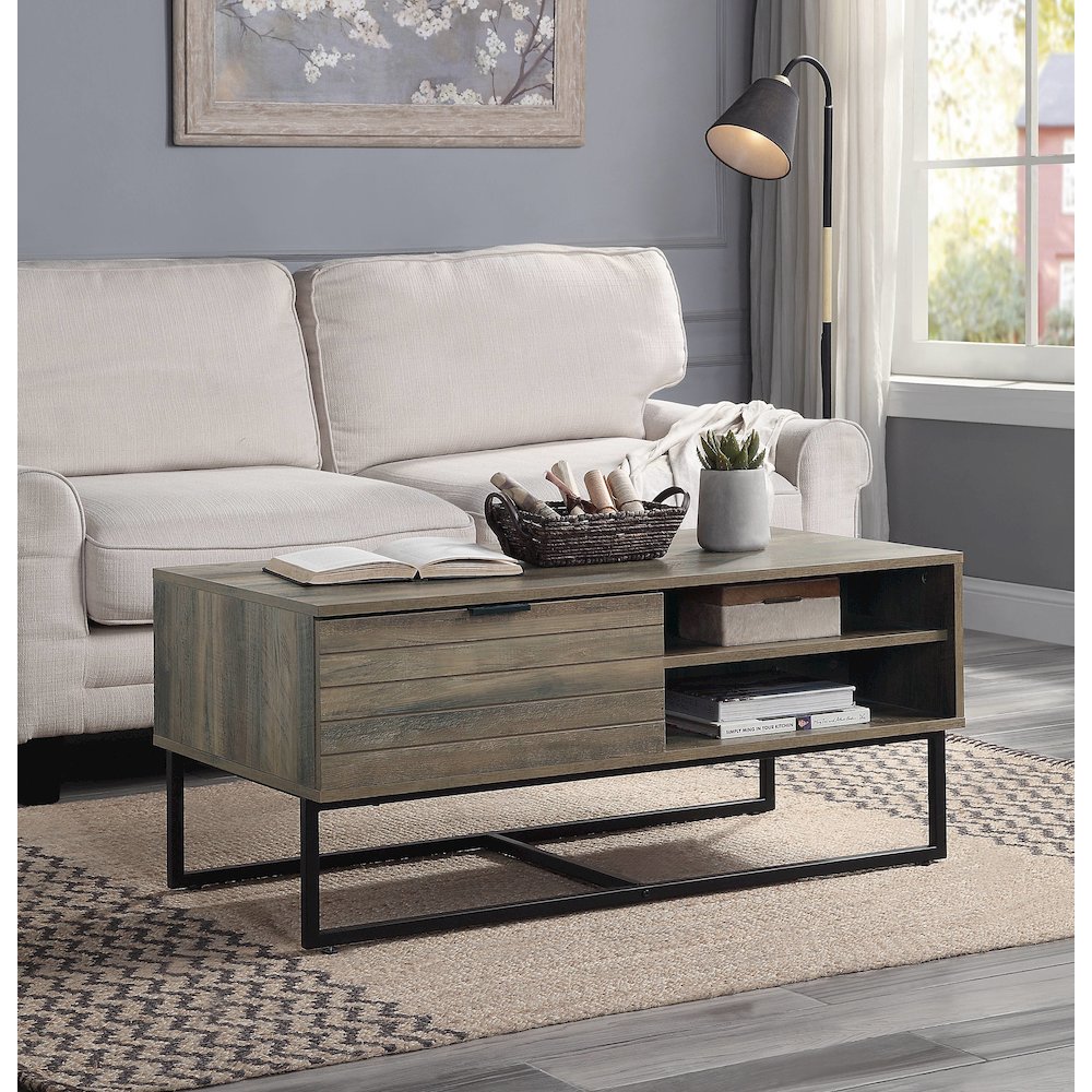 Rustic Oak and Black Coffee Table with Open Storage. Picture 5