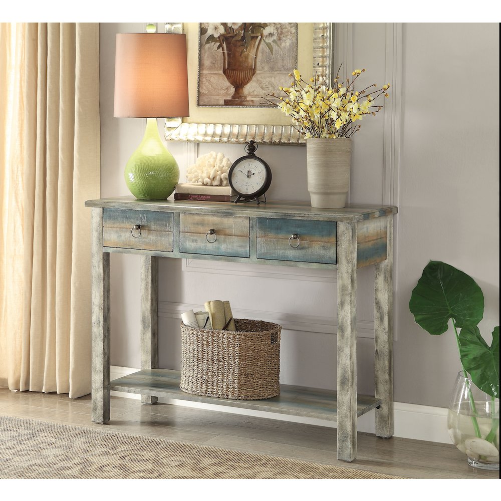 Antique Grey and Teal 3-drawer Console Table. Picture 1
