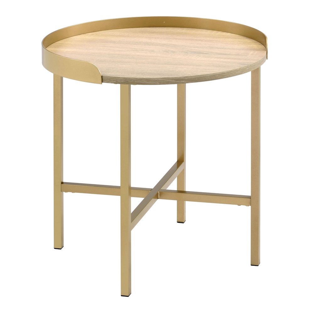 Oak and Gold End Table with Tray Top. Picture 1