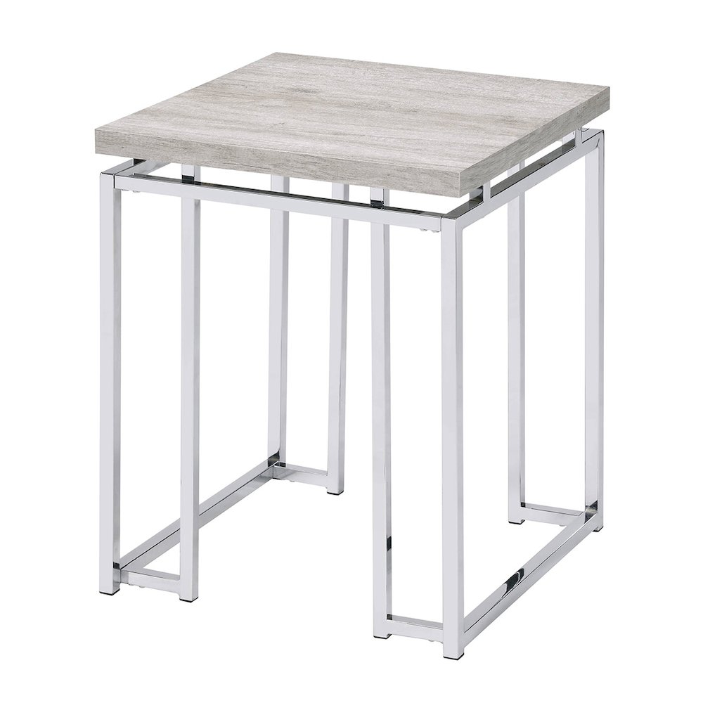 Natural Oak and Chrome End Table with Metal Sled Base. Picture 1