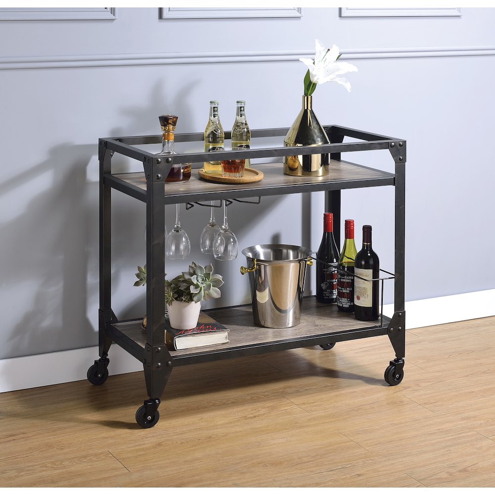 Rustic Oak and Charcoal 2-shelf Serving Cart. Picture 4