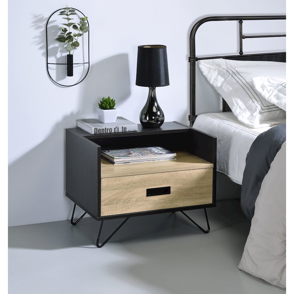 Oak and Black Accent Table with 1 Drawer. Picture 4