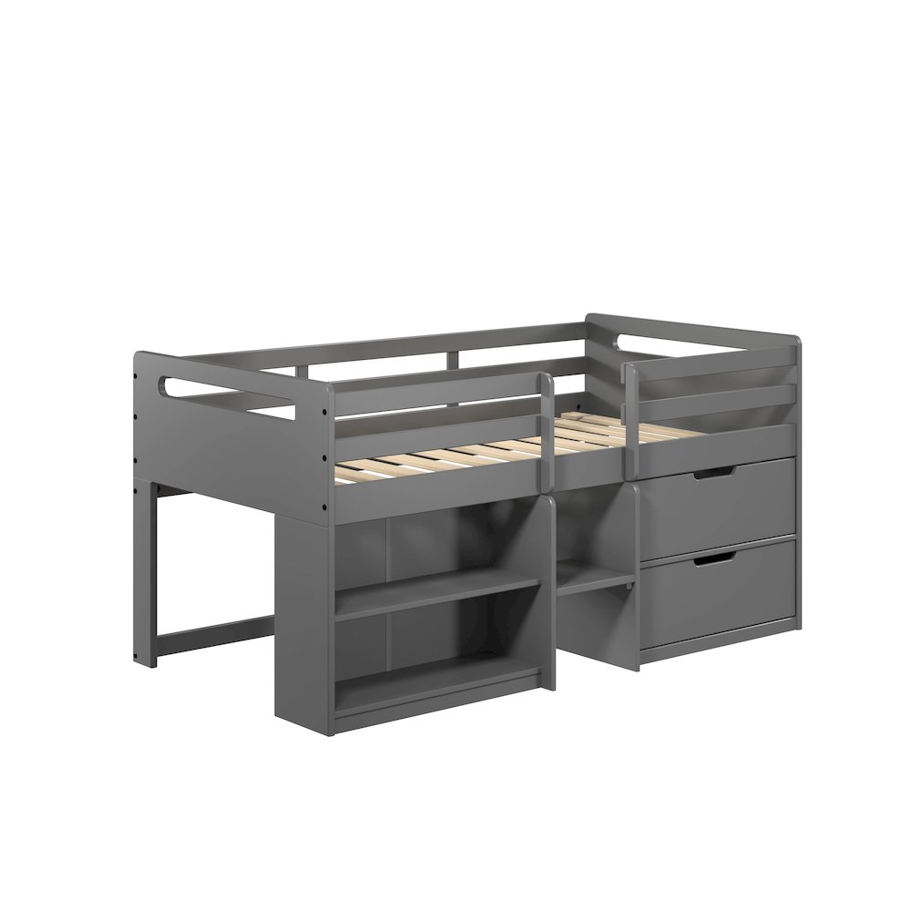 Grey Twin Loft Bed with Built-in Drawers and Bookshelf. Picture 2