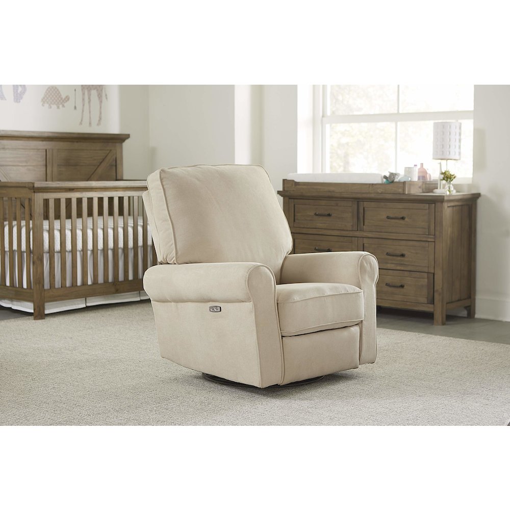 Westwood Design Savannah Wood Fabric Power-USB Glider Recliner in Ivory. Picture 3