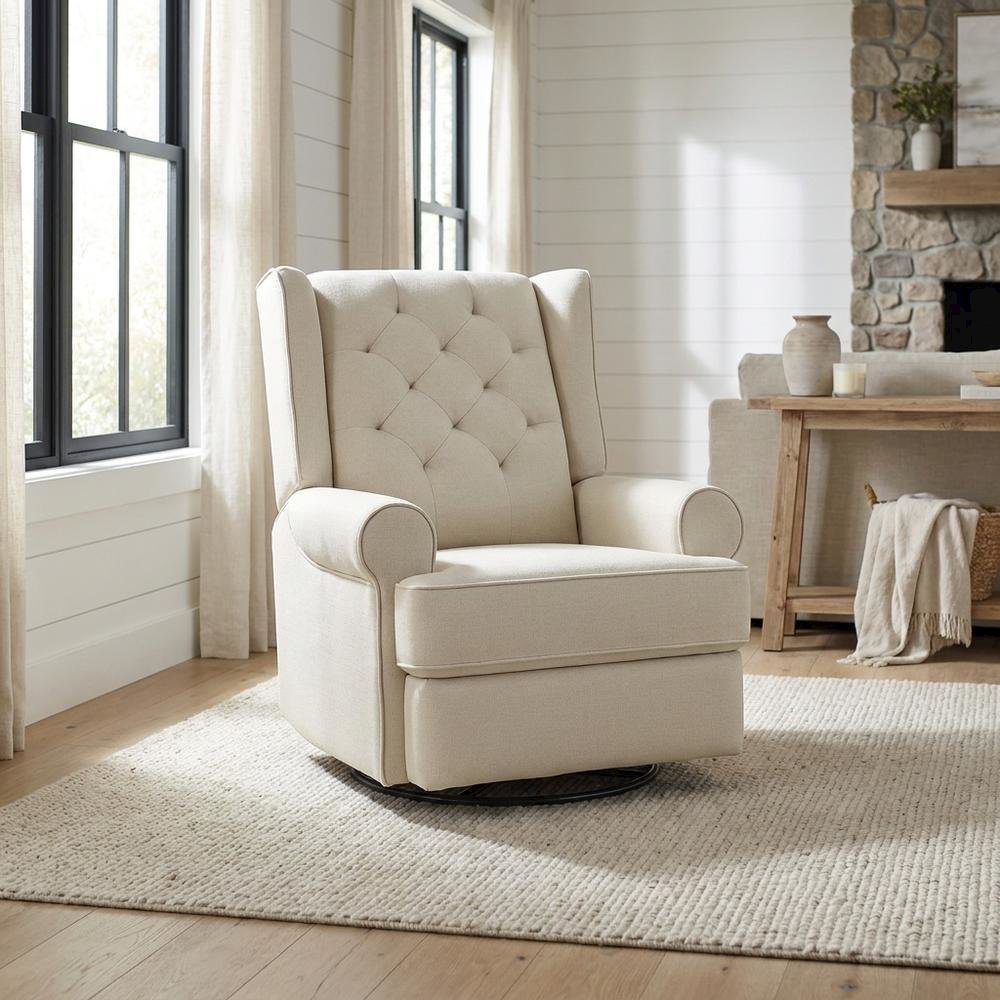 Fabric Glider Recliner Nursery Rocking Chair with USB Port, Traditional, Natural. Picture 2