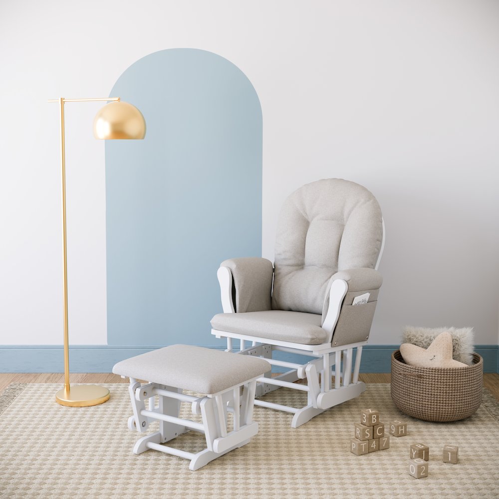Storkcraft Hoop Glider and Ottoman - White with Taupe Swirl. Picture 2