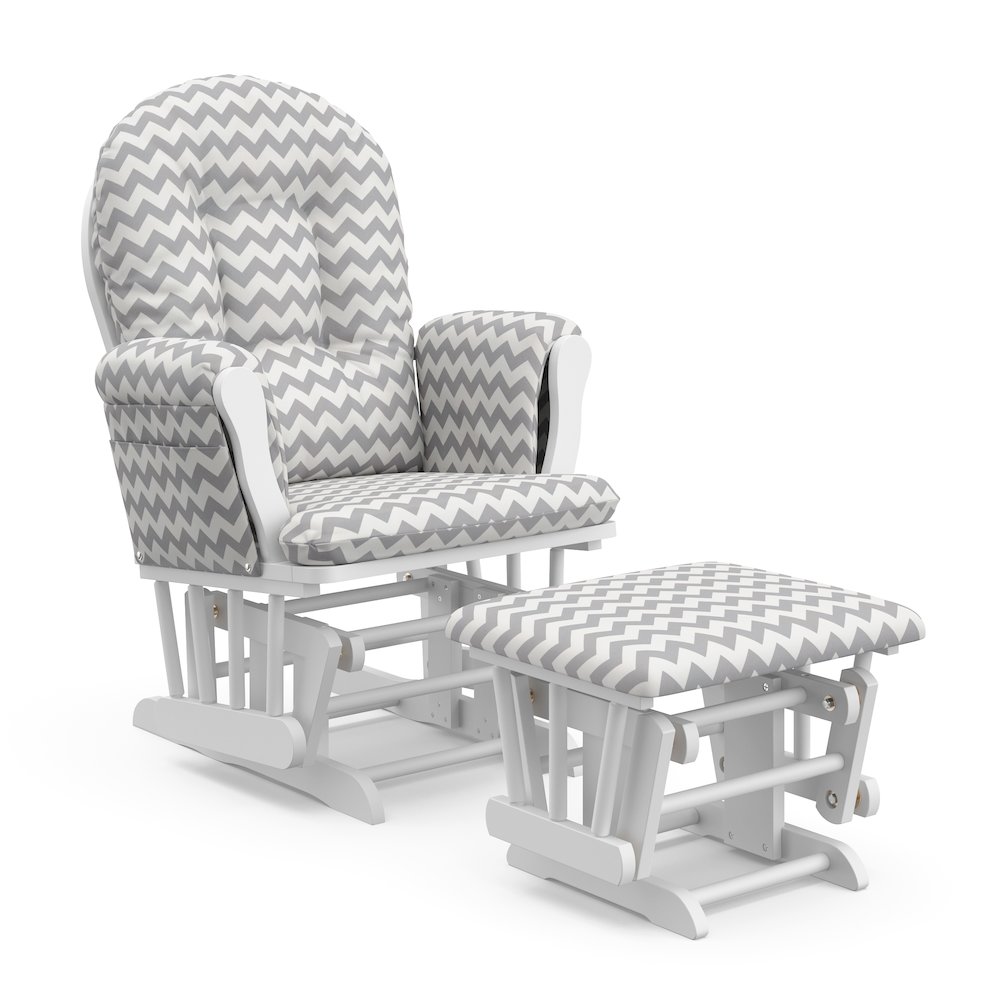 Storkcraft Hoop Glider and Ottoman - White with Gray Chevron. Picture 1