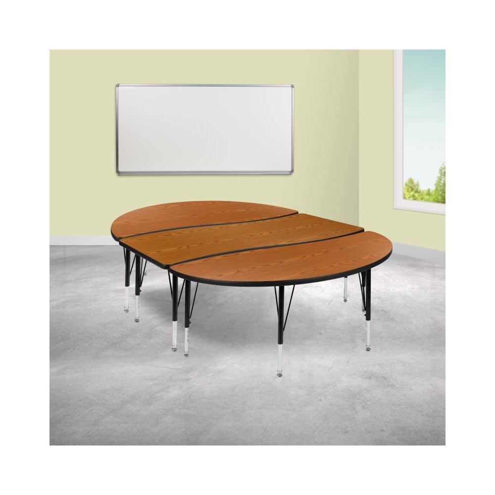 3 Piece 86" Oval Wave Flexible Oak Thermal Laminate Activity Table Set - Height Adjustable Short Legs. Picture 2